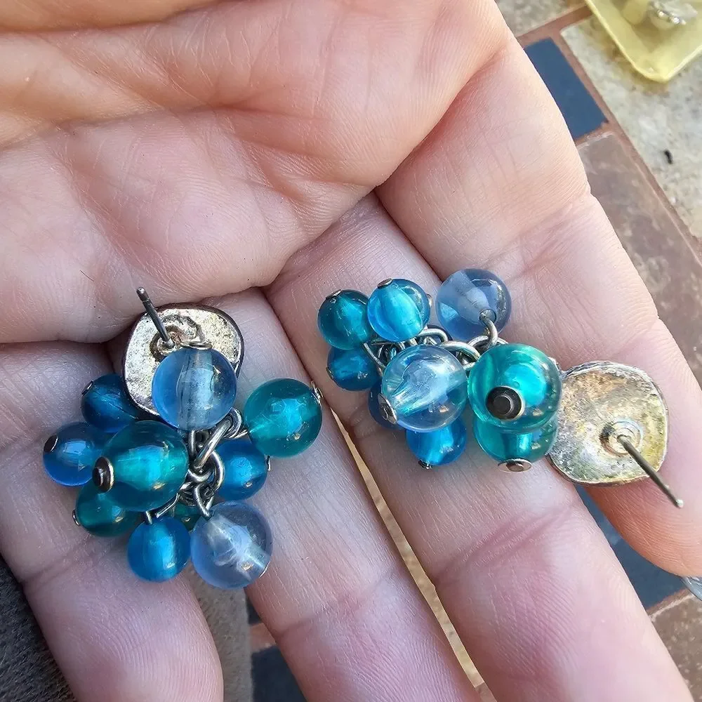 Vintage blue beaded post back dangle earrings